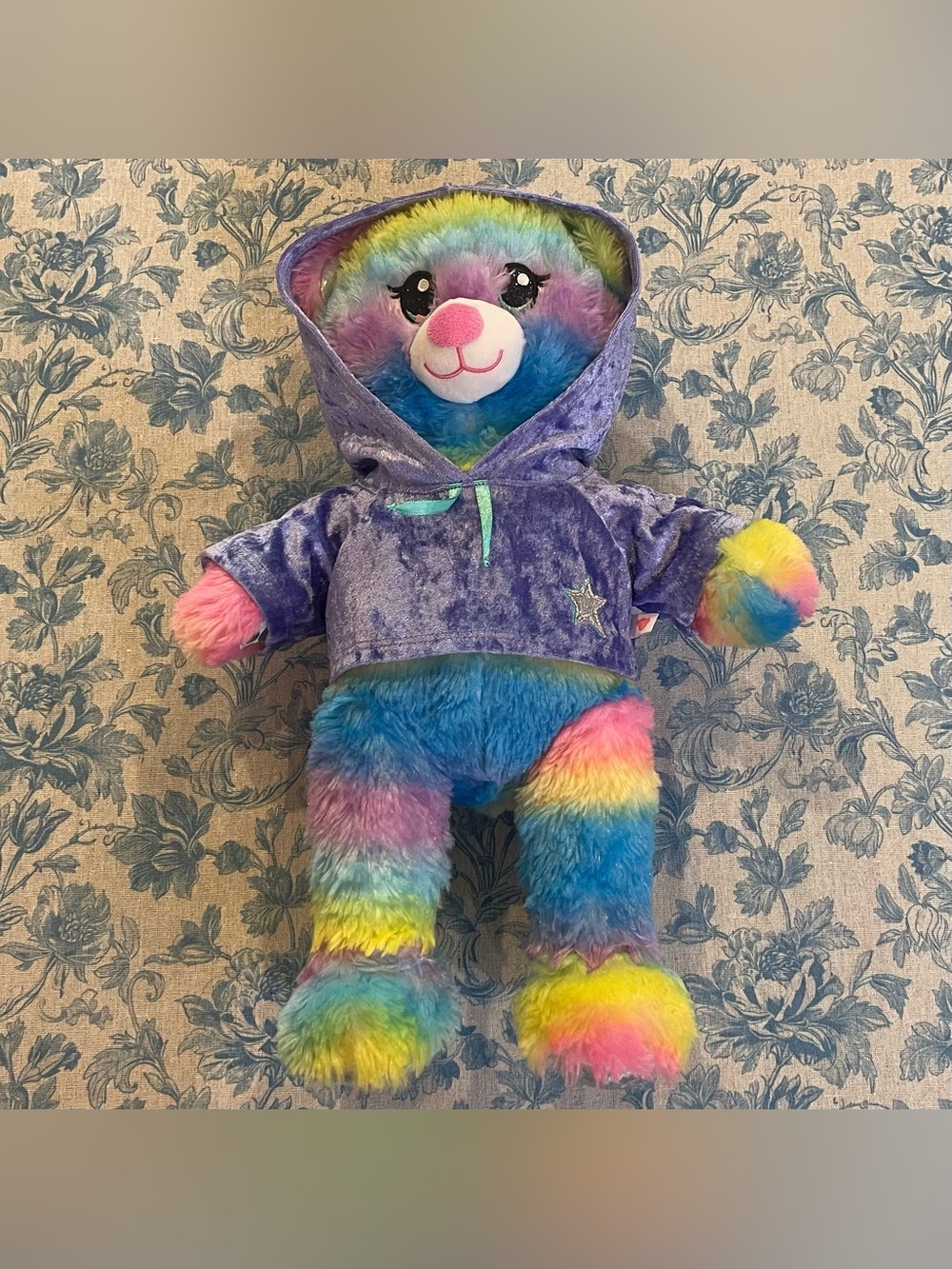 Build-A-Bear Rainbow Sparkle Teddy Bear 16” Plush w/ Purple Hoodie Colorful Soft